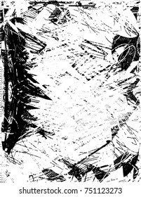 Print distress background in black and white texture with spots, scratches and lines. Vector illustration