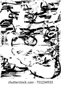 Print distress background in black and white texture with oval dark spots, scratches and lines. Abstract vector illustration