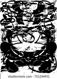 Print distress background in black and white texture with oval dark spots, scratches and lines. Abstract vector illustration