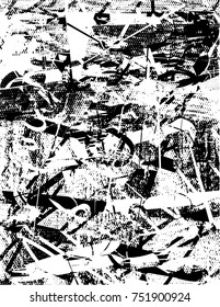 Print distress background in black and white texture with oval dark spots, scratches and lines. Abstract vector illustration