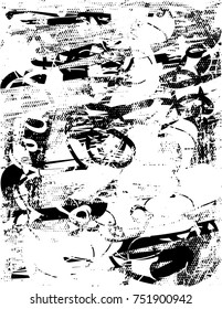 Print distress background in black and white texture with oval dark spots, scratches and lines. Abstract vector illustration