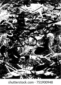 Print distress background in black and white texture with oval dark spots, scratches and lines. Abstract vector illustration