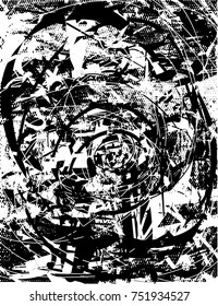 Print distress background in black and white texture with oval dark spots, scratches and lines. Abstract vector illustration
