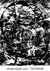 Print distress background in black and white texture with oval dark spots, scratches and lines. Abstract vector illustration