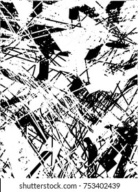 Print distress background in black and white texture with oval dark spots, scratches and lines. Abstract vector illustration