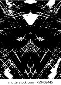 Print distress background in black and white texture with  dark spots, scratches and lines. Abstract vector illustration
