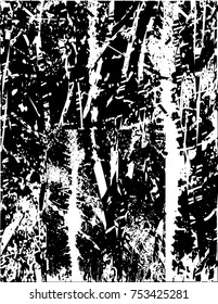 Print distress background in black and white texture with dark spots, scratches and lines, resembling forest. Abstract vector illustration