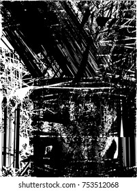 Print distress background in black and white texture with  dark spots, scratches and lines. Abstract vector illustration
