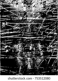 Print distress background in black and white texture with  dark spots, scratches and lines. Abstract vector illustration