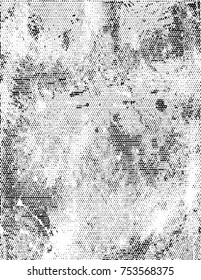 Print distress background in black and white texture with  dark spots, scratches and lines. Abstract vector illustration