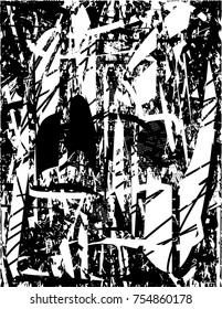Print distress background in black and white texture with  dark spots, scratches and lines. Abstract vector illustration