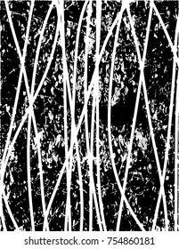 Print distress background in black and white texture with  dark spots, scratches and lines. Abstract vector illustration