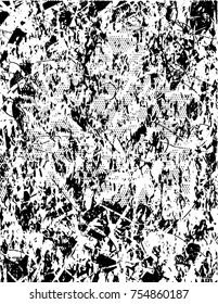 Print distress background in black and white texture with  dark spots, scratches and lines. Abstract vector illustration
