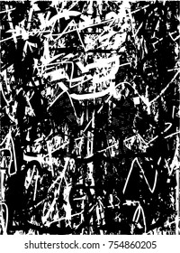 Print distress background in black and white texture with  dark spots, scratches and lines. Abstract vector illustration