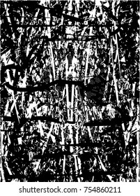 Print distress background in black and white texture with  dark spots, scratches and lines. Abstract vector illustration