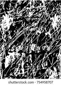 Print distress background in black and white texture with  dark spots, scratches and lines. Abstract vector illustration