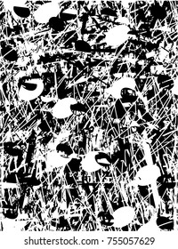 Print distress background in black and white texture with  dark spots, scratches and lines. Abstract vector illustration