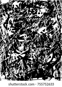 Print distress background in black and white texture with  dark spots, scratches and lines. Abstract vector illustration