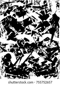 Print distress background in black and white texture with  dark spots, scratches and lines. Abstract vector illustration