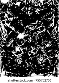 Print distress background in black and white texture with  dark spots, scratches and lines. Abstract vector illustration