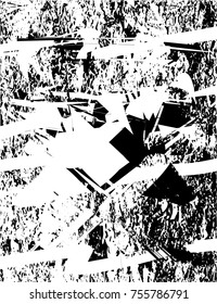 Print distress background in black and white texture with  dark spots, scratches and lines. Abstract vector illustration