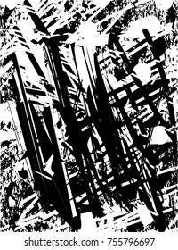 Print distress background in black and white texture with  dark spots, scratches and lines. Abstract vector illustration