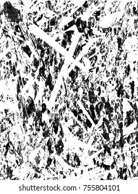 Print distress background in black and white texture with  dark spots, scratches and lines. Abstract vector illustration