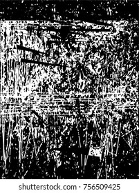 Print distress background in black and white texture with  dark spots, scratches and lines. Abstract vector illustration
