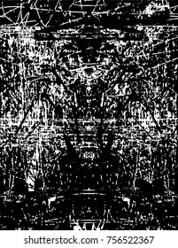 Print distress background in black and white texture with  dark spots, scratches and lines. Abstract vector illustration
