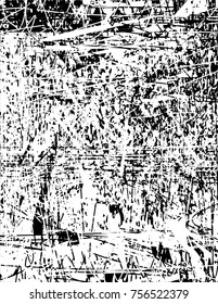 Print distress background in black and white texture with  dark spots, scratches and lines. Abstract vector illustration