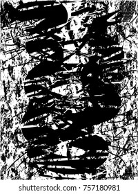 Print distress background in black and white texture with  dark spots, scratches and lines. Abstract vector illustration