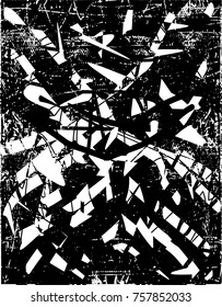 Print distress background in black and white texture with  dark spots, scratches and lines. Abstract vector illustration