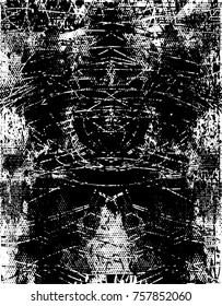 Print distress background in black and white texture with  dark spots, scratches and lines. Abstract vector illustration