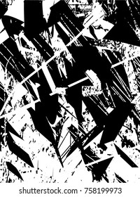Print distress background in black and white texture with  dark spots, scratches and lines. Abstract vector illustration