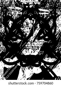 Print distress background in black and white texture with  dark spots, scratches and lines. Abstract vector illustration