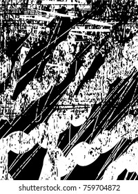 Print distress background in black and white texture with  dark spots, scratches and lines. Abstract vector illustration