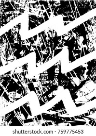 Print distress background in black and white texture with  dark spots, scratches and lines. Abstract vector illustration