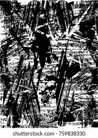 Print distress background in black and white texture with  dark spots, scratches and lines. Abstract vector illustration