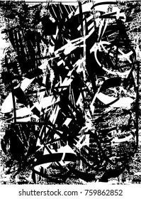 Print distress background in black and white texture with  dark spots, scratches and lines. Abstract vector illustration