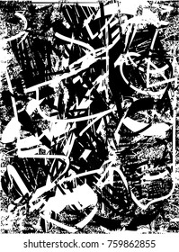 Print distress background in black and white texture with  dark spots, scratches and lines. Abstract vector illustration