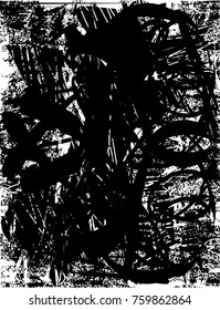Print distress background in black and white texture with  dark spots, scratches and lines. Abstract vector illustration