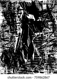 Print distress background in black and white texture with  dark spots, scratches and lines. Abstract vector illustration