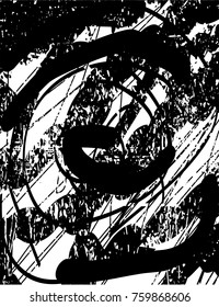 Print distress background in black and white texture with  dark spots, scratches and lines. Abstract vector illustration