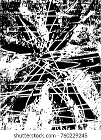 Print distress background in black and white texture with  dark spots, scratches and lines. Abstract vector illustration