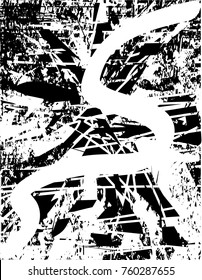 Print distress background in black and white texture with  dark spots, scratches and lines. Abstract vector illustration