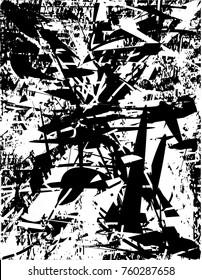 Print distress background in black and white texture with  dark spots, scratches and lines. Abstract vector illustration