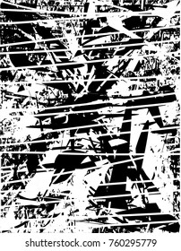 Print distress background in black and white texture with  dark spots, scratches and lines. Abstract vector illustration