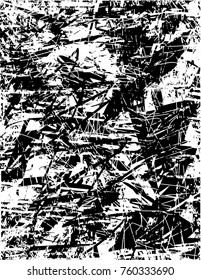 Print distress background in black and white texture with  dark spots, scratches and lines. Abstract vector illustration