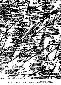 Print distress background in black and white texture with  dark spots, scratches and lines. Abstract vector illustration