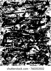 Print distress background in black and white texture with  dark spots, scratches and lines. Abstract vector illustration
